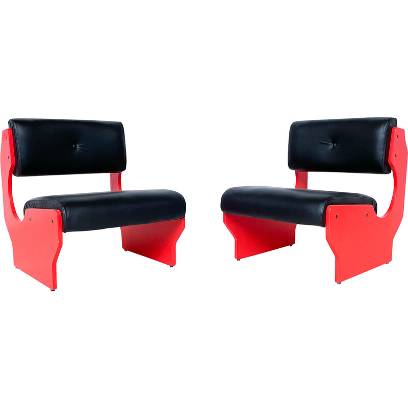 Pair of vintage armchairs in red lacquered wood and black leather, Italy 1980