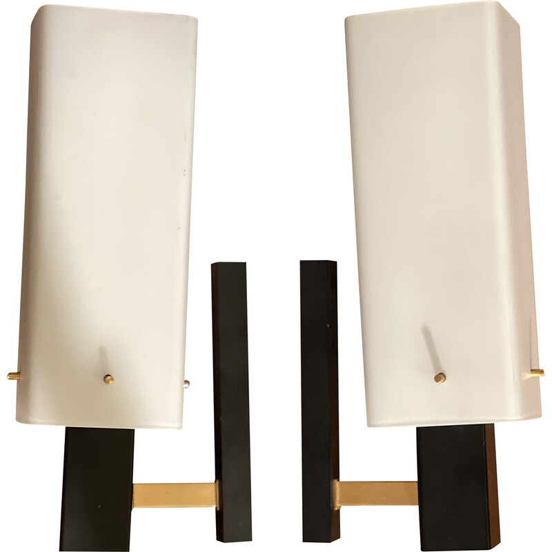 Pair of vintage opaline and metal wall lamps by Arlus, 1950