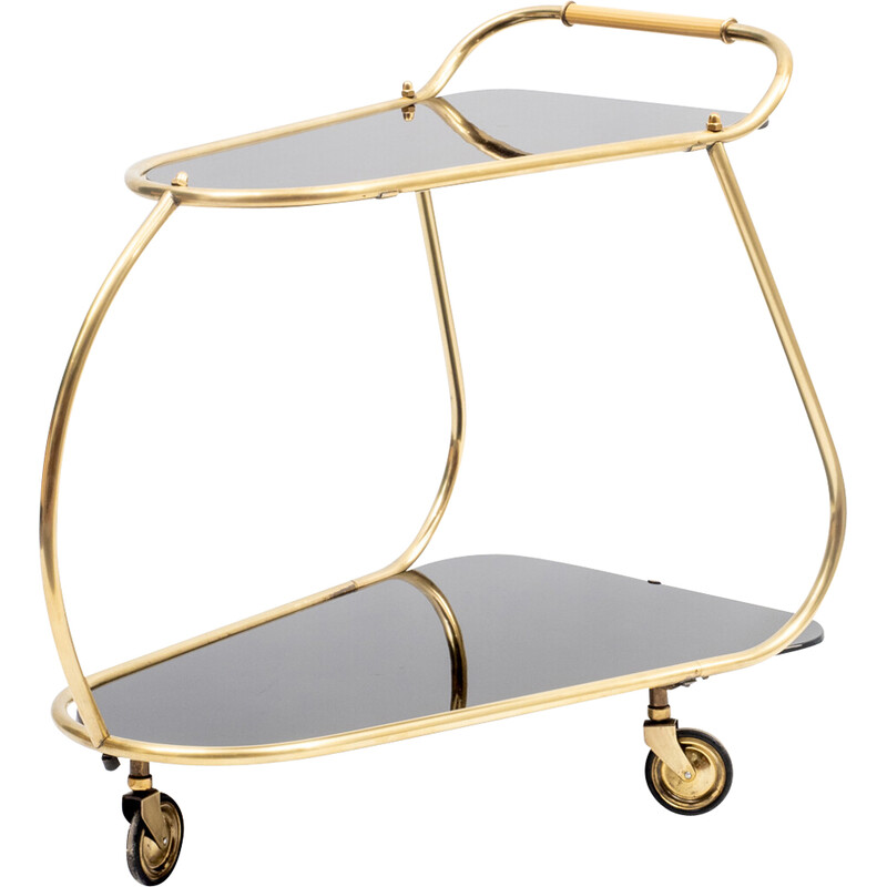 Vintage streamline serving trolley in brass and glass, 1950