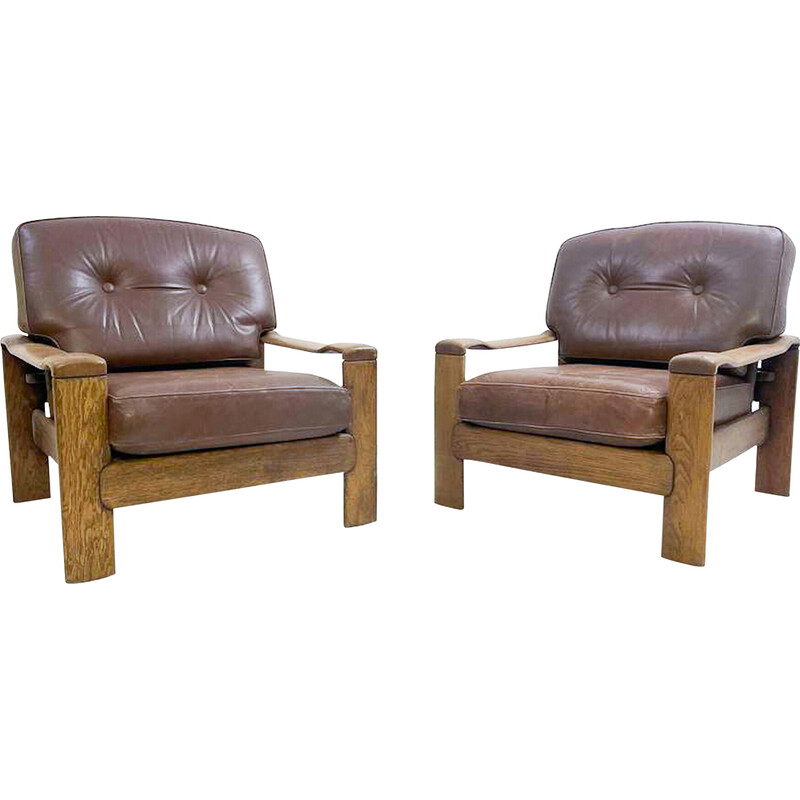 Pareja de sillones vintage de cuero y roble, 1960