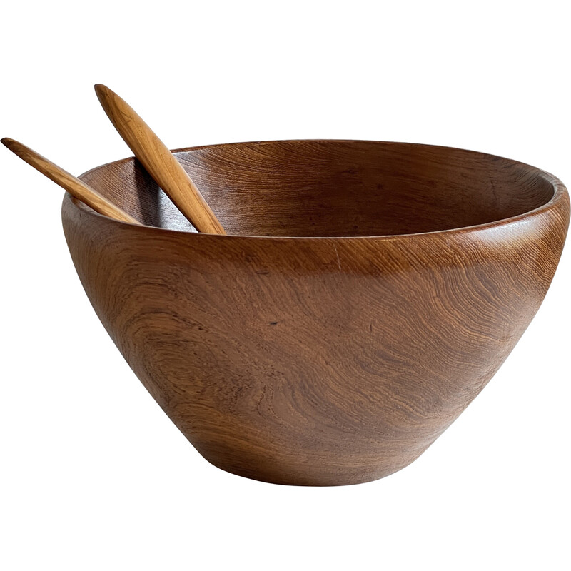 Vintage teak houten salade en bestek schaal