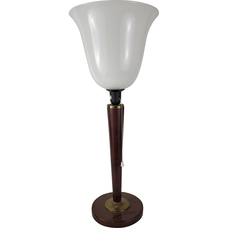 Unilux vintage tulp lamp in hout en opaline