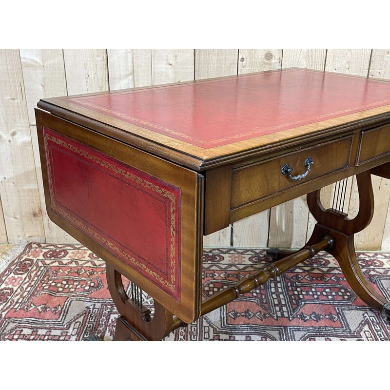 Vintage English desk with mahogany flaps and leather top, 1950