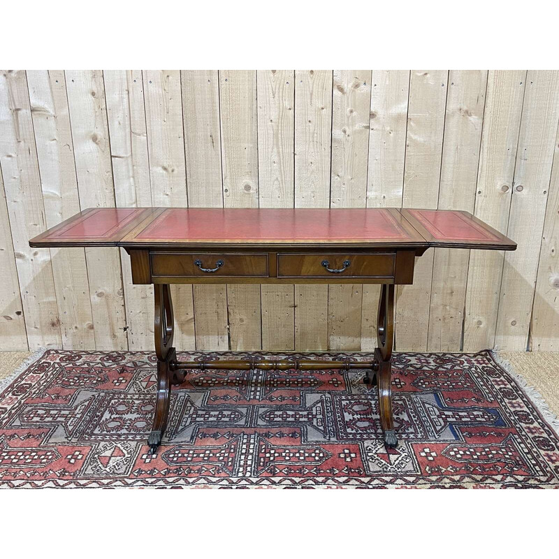 Vintage English desk with mahogany flaps and leather top, 1950