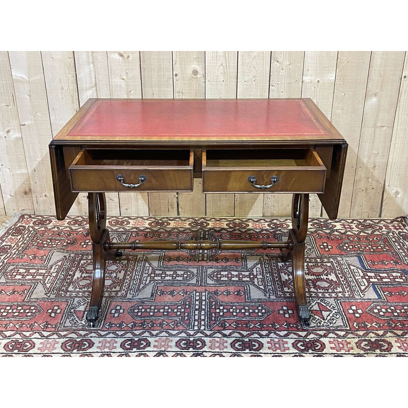 Vintage English desk with mahogany flaps and leather top, 1950