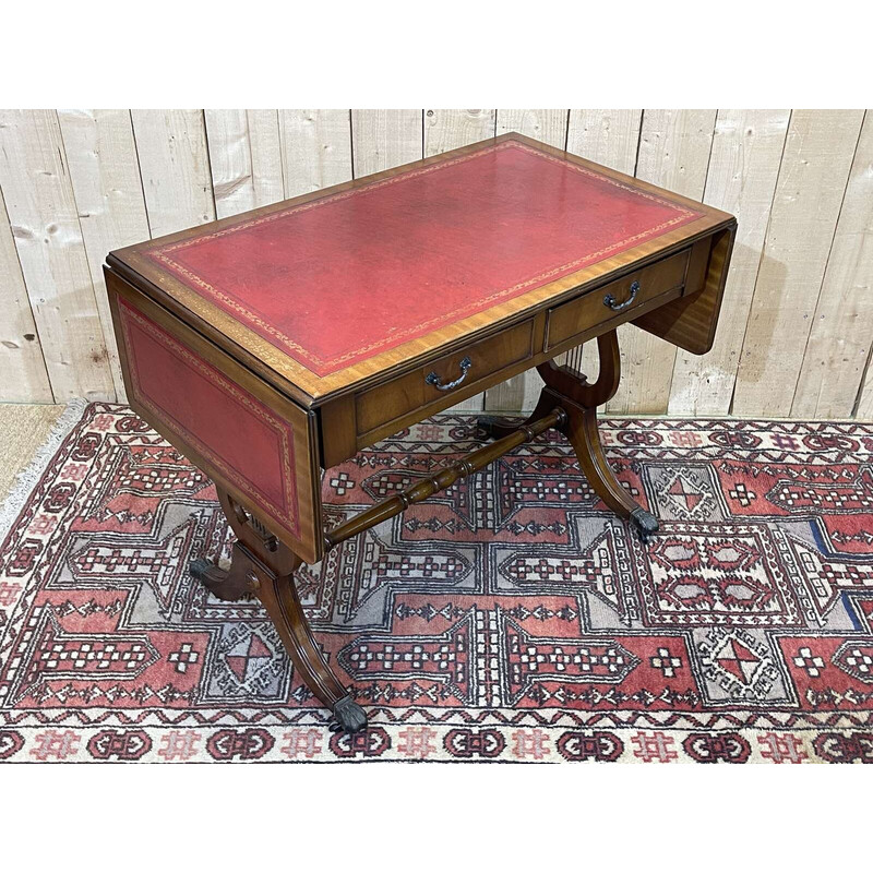 Vintage English desk with mahogany flaps and leather top, 1950