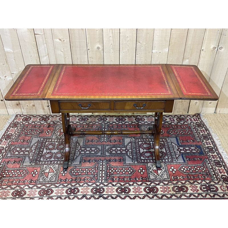 Vintage English desk with mahogany flaps and leather top, 1950