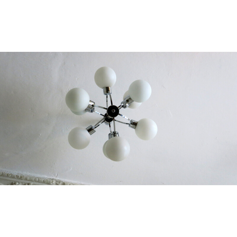 Mid-century chandelier with 9 radiating milk glass globes, 1970