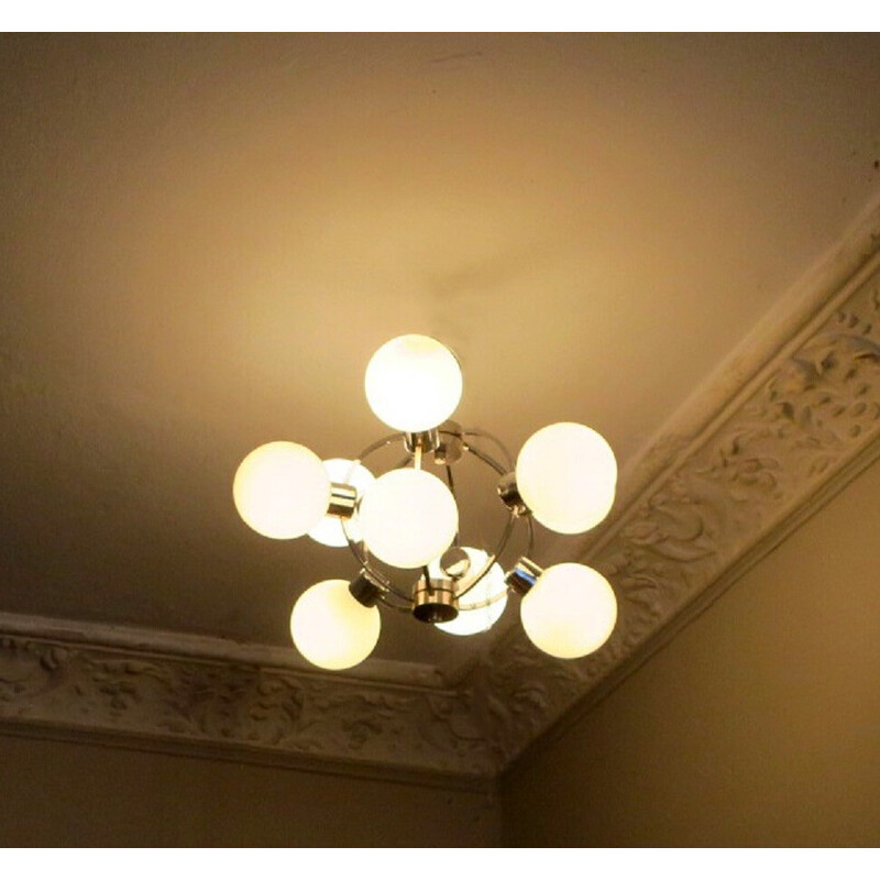 Mid-century chandelier with 9 radiating milk glass globes, 1970