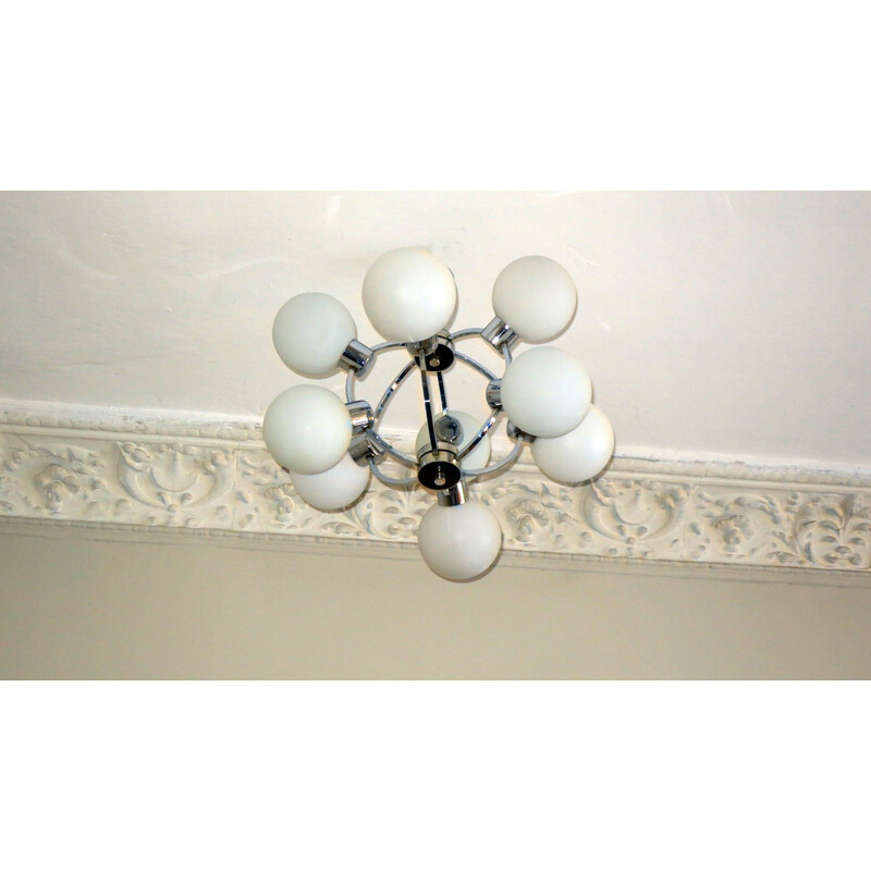 Mid-century chandelier with 9 radiating milk glass globes, 1970