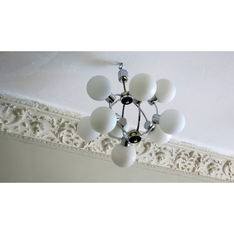 Mid-century chandelier with 9 radiating milk glass globes, 1970