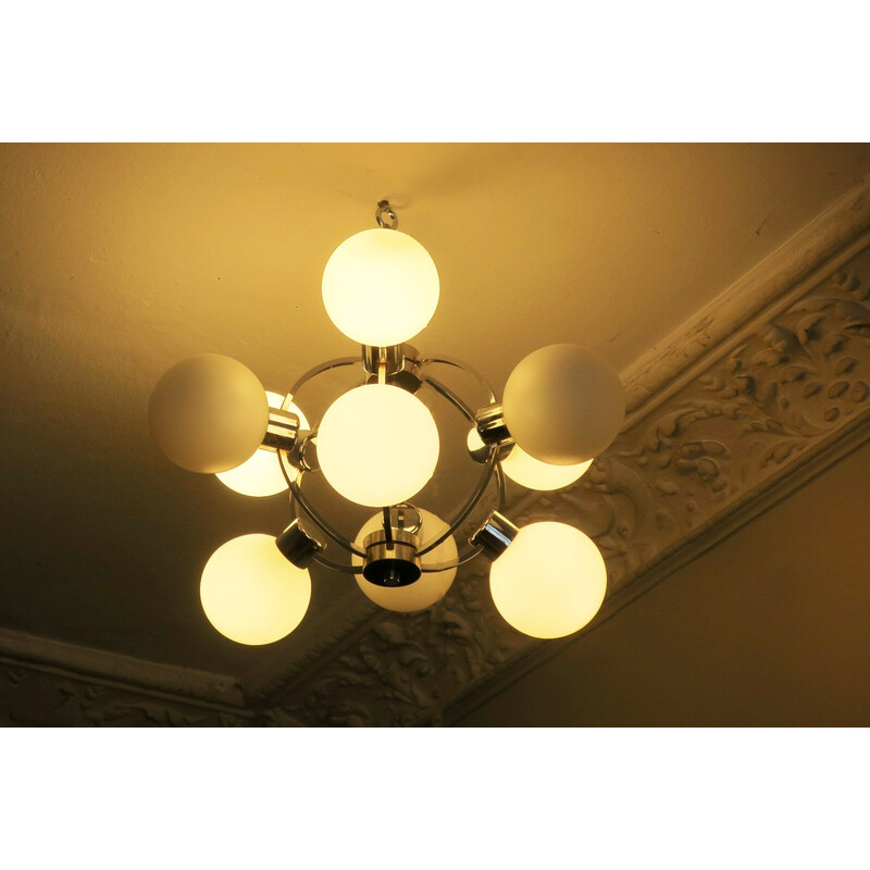 Mid-century chandelier with 9 radiating milk glass globes, 1970