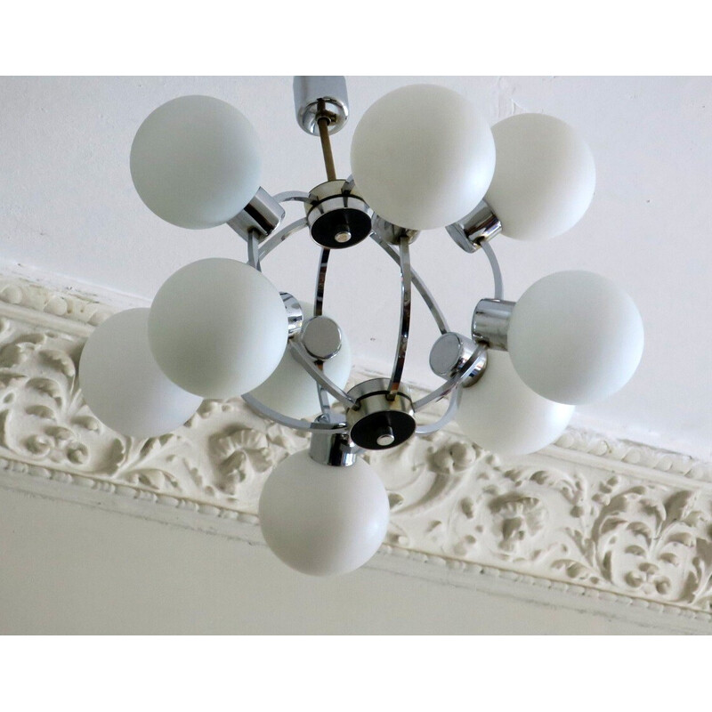 Mid-century chandelier with 9 radiating milk glass globes, 1970