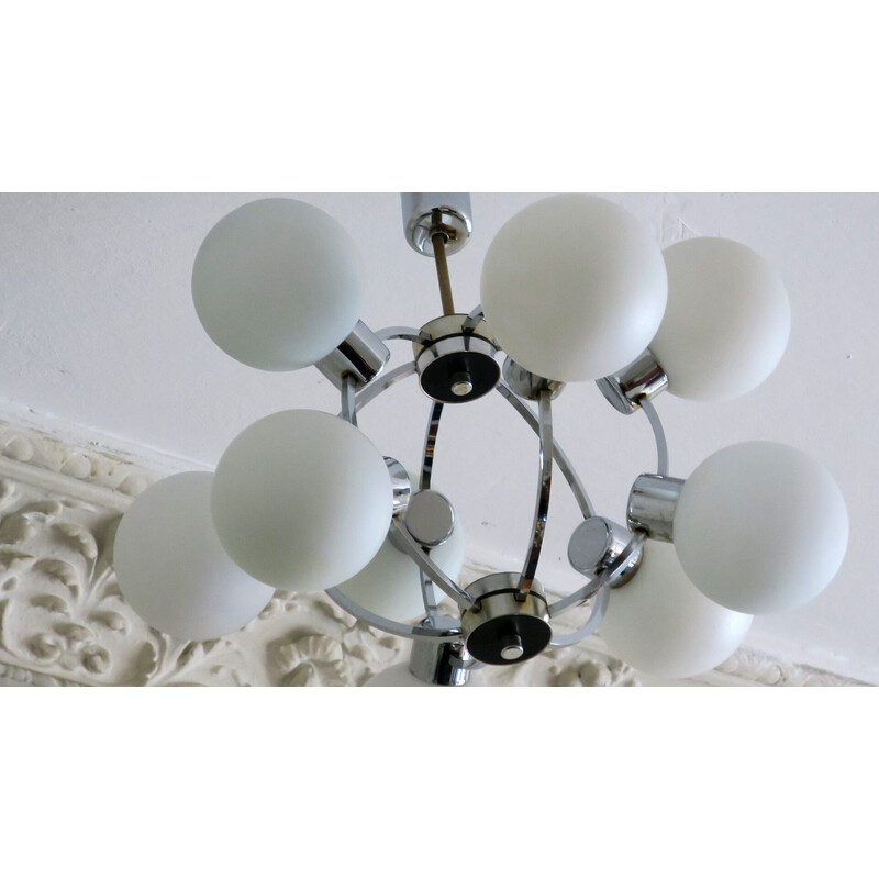 Mid-century chandelier with 9 radiating milk glass globes, 1970