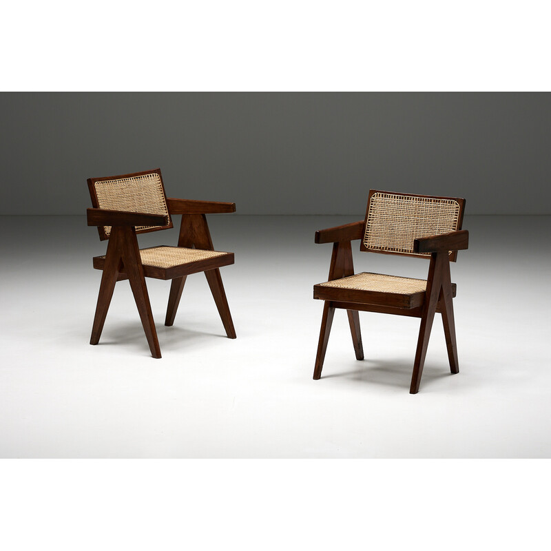 Vintage cane office armchairs by Pierre Jeanneret, India 1955