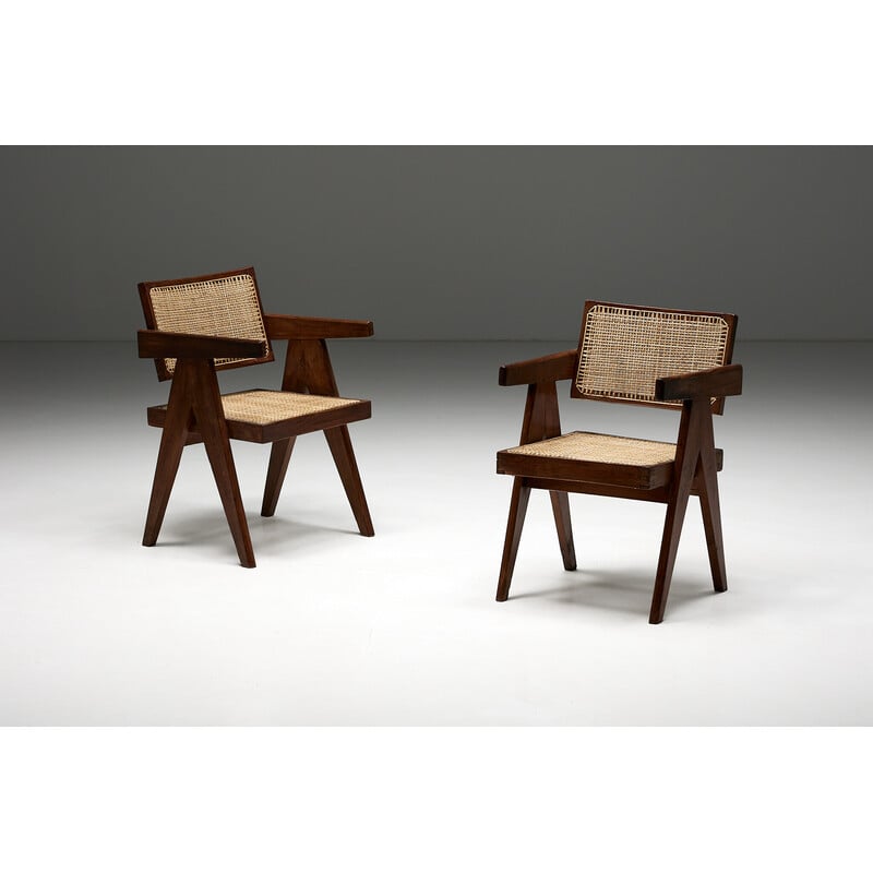 Vintage rieten bureaustoelen van Pierre Jeanneret, India 1955