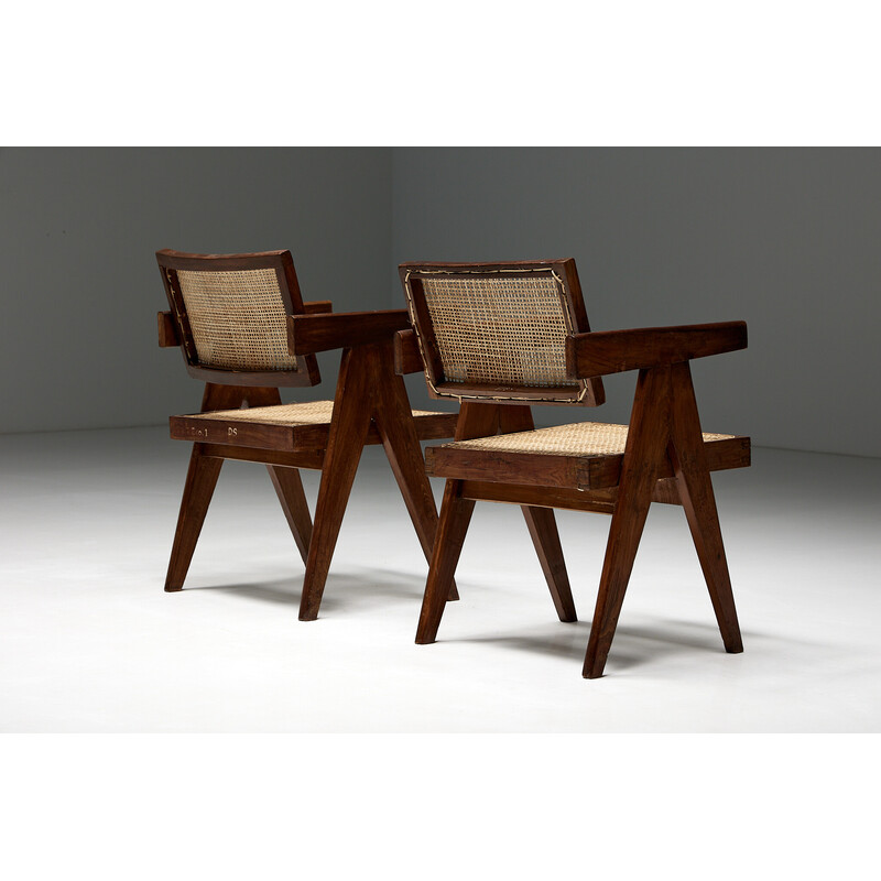 Vintage cane office armchairs by Pierre Jeanneret, India 1955