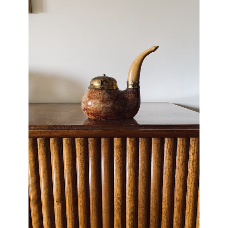 Vintage parchment and brass tobacco tin in the shape of a pipe by Aldo Tura, Italy 1950