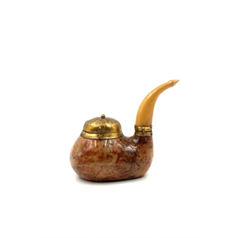 Vintage parchment and brass tobacco tin in the shape of a pipe by Aldo Tura, Italy 1950