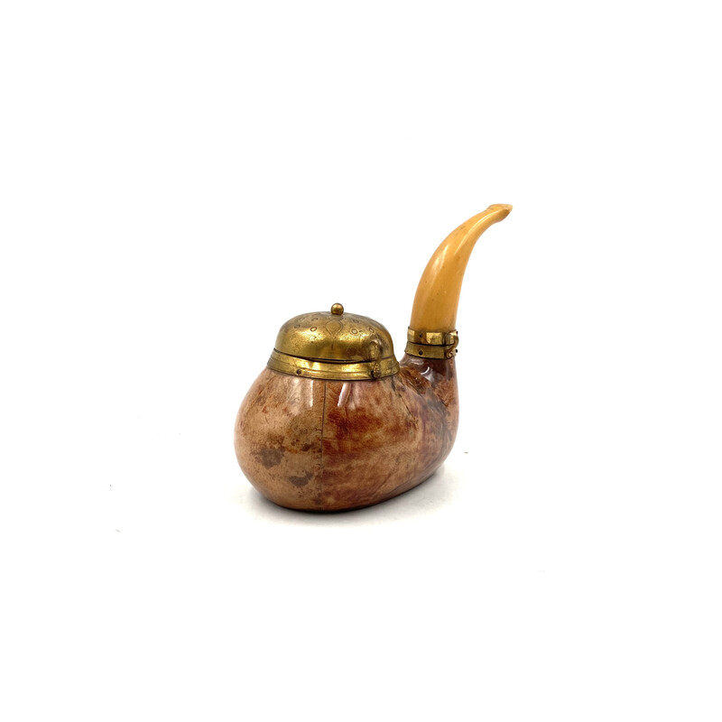 Vintage parchment and brass tobacco tin in the shape of a pipe by Aldo Tura, Italy 1950