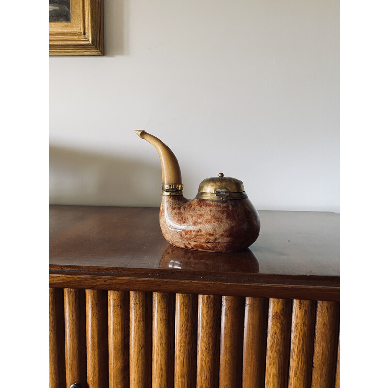 Vintage parchment and brass tobacco tin in the shape of a pipe by Aldo Tura, Italy 1950