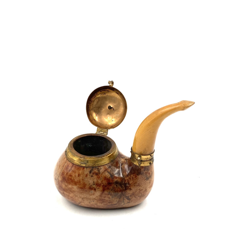 Vintage parchment and brass tobacco tin in the shape of a pipe by Aldo Tura, Italy 1950