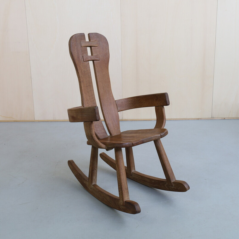 Vintage brutalist solid oakwood rocking chair by De Puydt, 1970