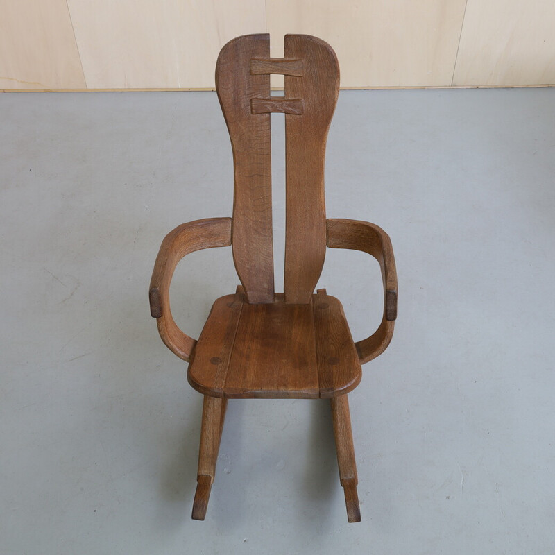 Vintage brutalist solid oakwood rocking chair by De Puydt, 1970