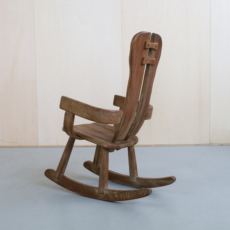 Vintage brutalist solid oakwood rocking chair by De Puydt, 1970