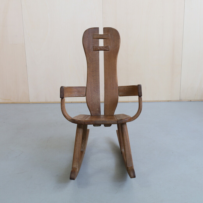 Vintage brutalist solid oakwood rocking chair by De Puydt, 1970