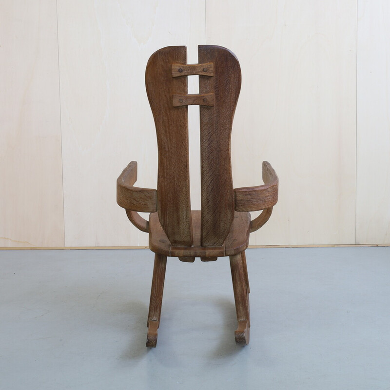 Vintage brutalist solid oakwood rocking chair by De Puydt, 1970