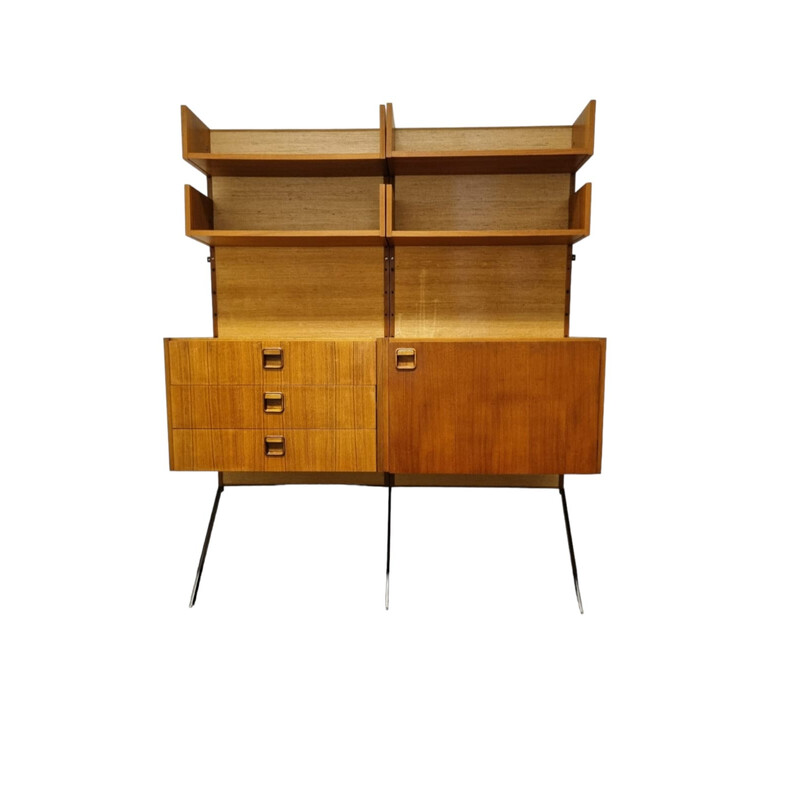 Vintage teak veneer and steel wall bookcase by Marten Franckena for Fristho Franeker, 1960