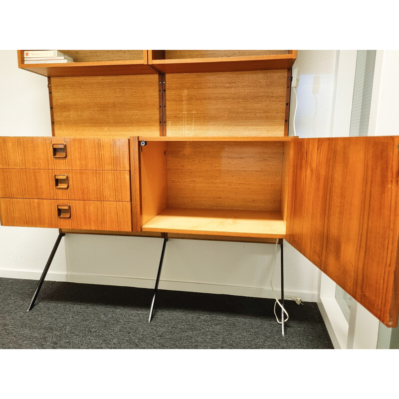 Vintage teak veneer and steel wall bookcase by Marten Franckena for Fristho Franeker, 1960