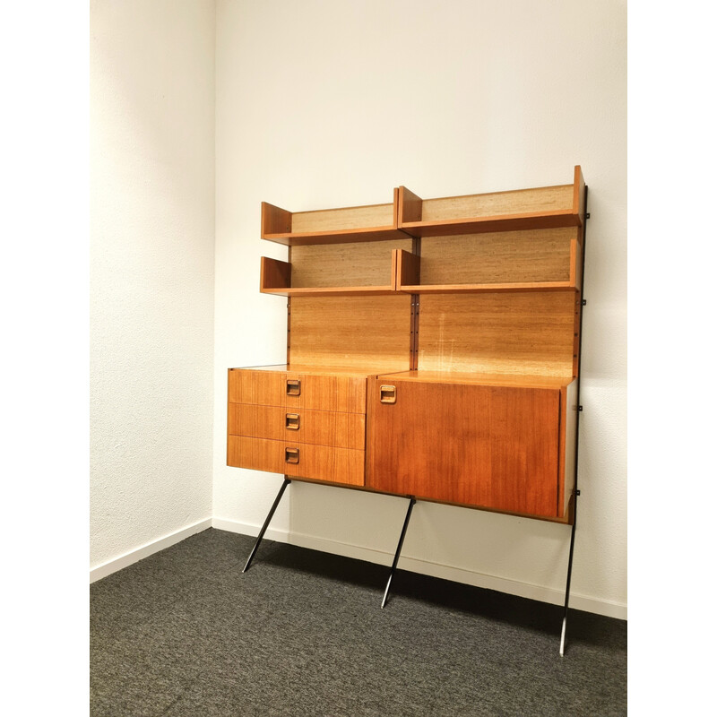 Vintage teak veneer and steel wall bookcase by Marten Franckena for Fristho Franeker, 1960