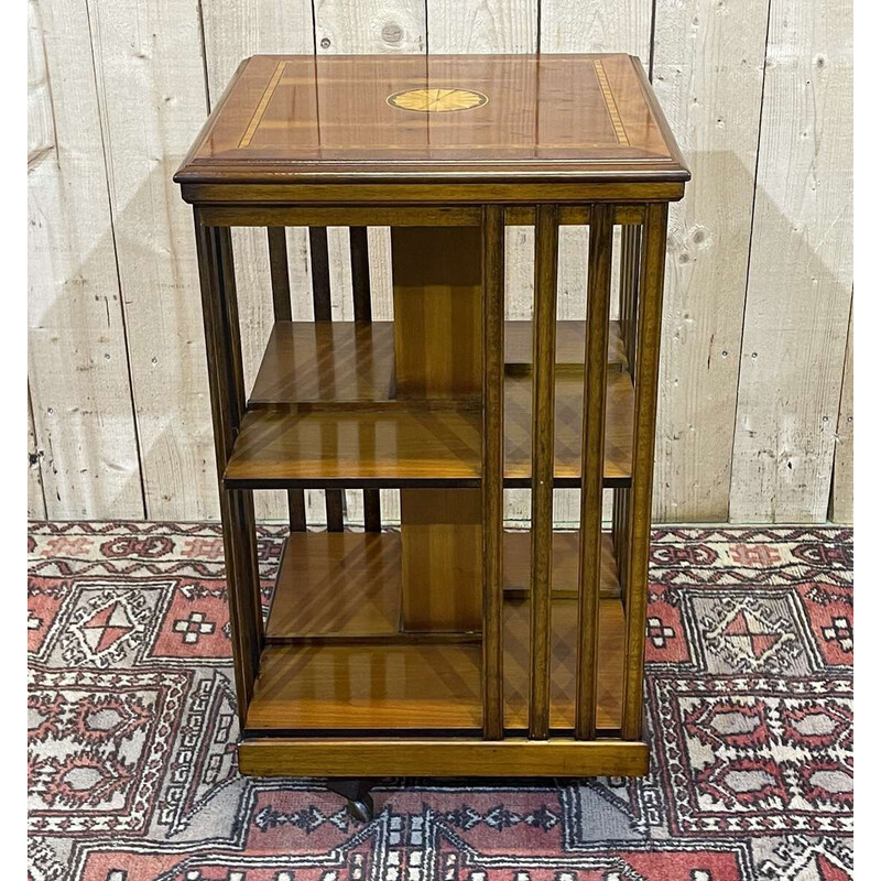 Vintage English revolving yew bookcase, 1950s