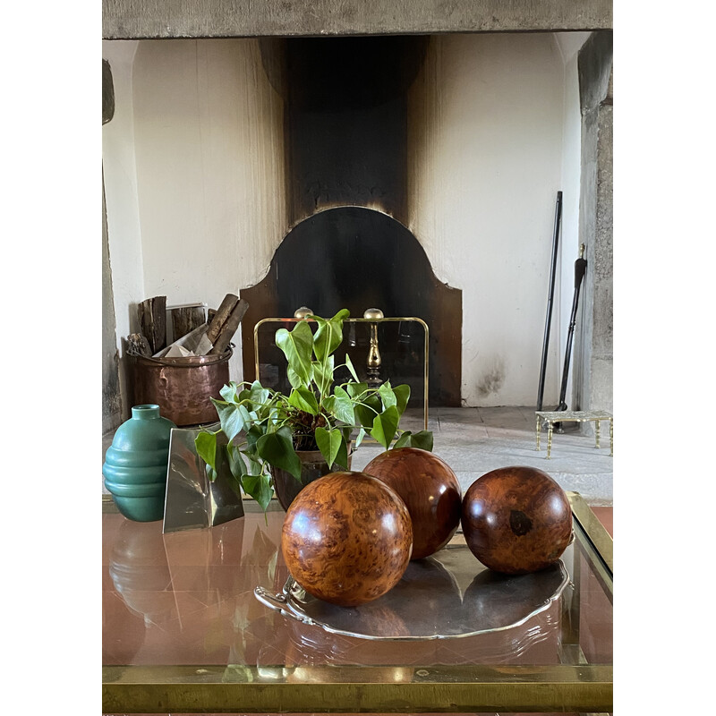 Set of 3 vintage spherical wooden sculptures, France 1960