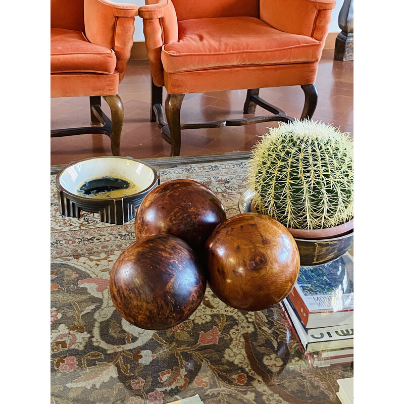 Set of 3 vintage spherical wooden sculptures, France 1960