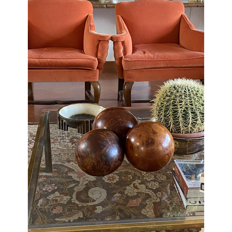 Set of 3 vintage spherical wooden sculptures, France 1960