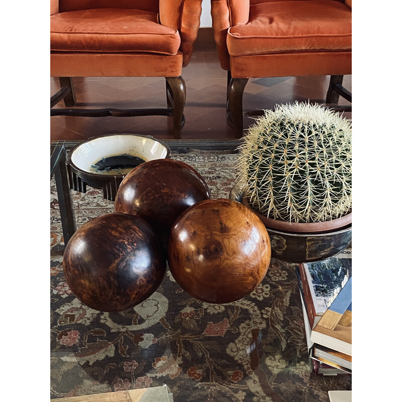 Set di 3 sculture sferiche vintage in legno, Francia 1960