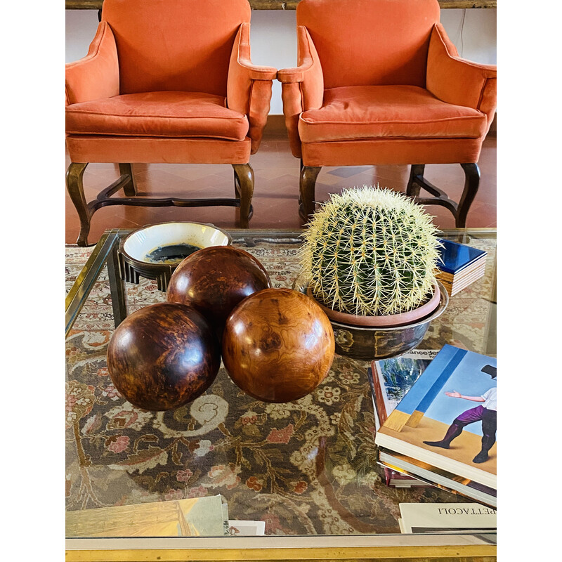 Set of 3 vintage spherical wooden sculptures, France 1960