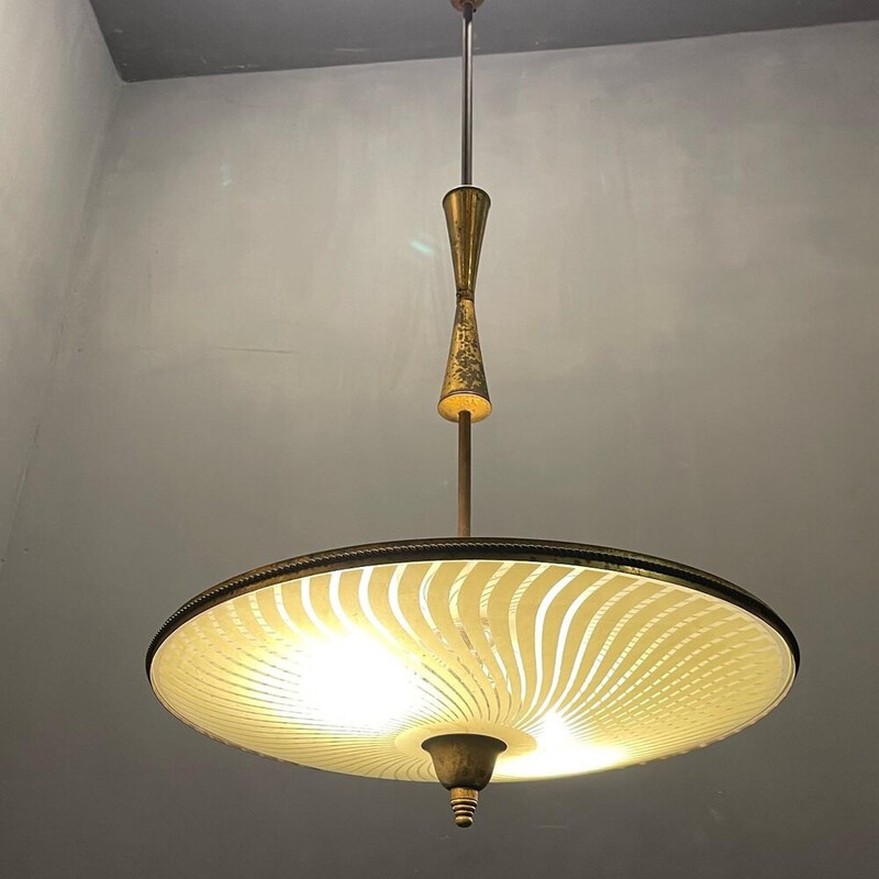 Lampada a sospensione vintage in bronzo e vetro, anni '50