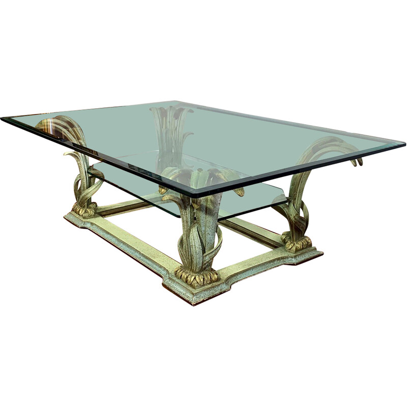 Table basse vintage en bois sculpté et verre biseauté