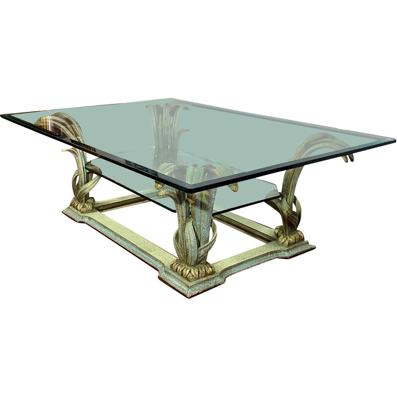 Vintage coffee table in carved wood and beveled glass