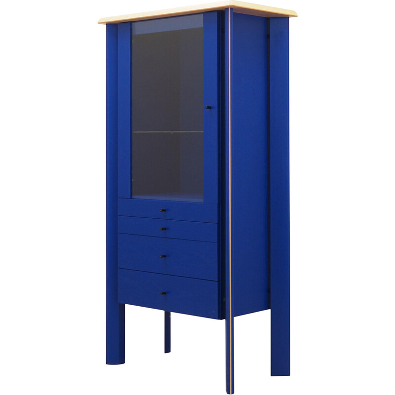 Vintage blue oakwood display cabinet, Denmark 1980s