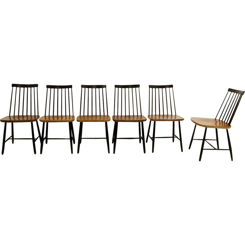 Conjunto de 6 cadeiras de jantar com costas em fuso de meados do século, de Yngve Ekström para Pastoe, Países Baixos, anos 50