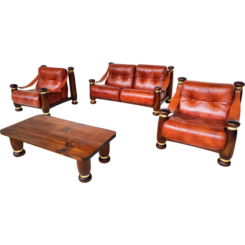 Mid-century leather and wood living room set, Italy 1970s