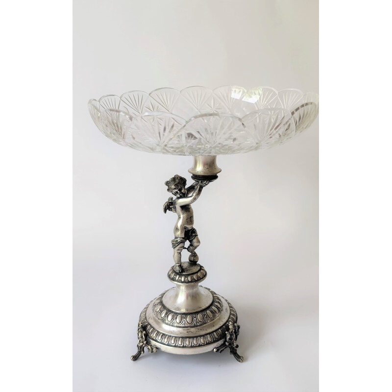 Vintage cut crystal glass fruit bowl on angel stand, Germany 1800s