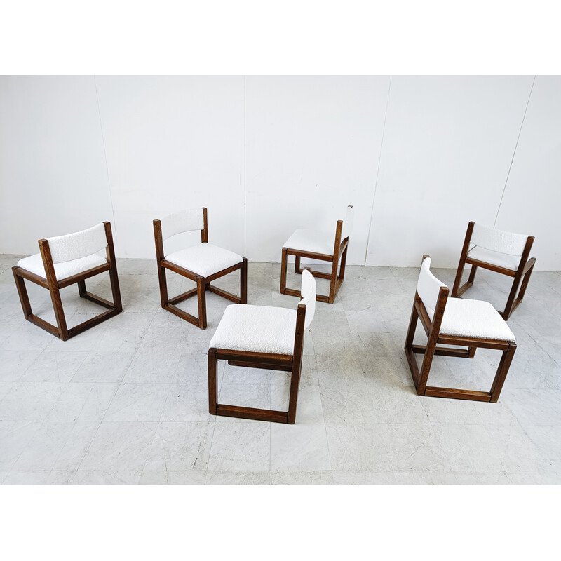 Ensemble de 6 chaises brutalistes vintage en bois de chêne et tissu bouclé, Allemagne 1960