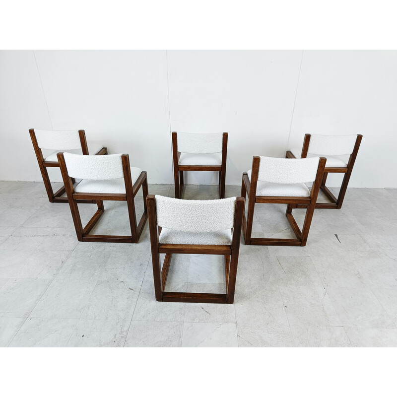 Conjunto de 6 cadeiras de jantar brutalistas vintage em madeira de carvalho e tecido bouclé, Alemanha, anos 60