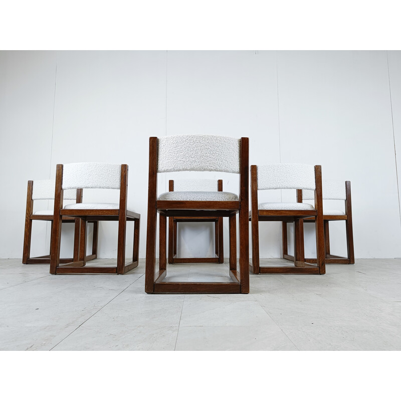 Set di 6 sedie da pranzo brutaliste vintage in legno di quercia e tessuto bouclé, Germania 1960